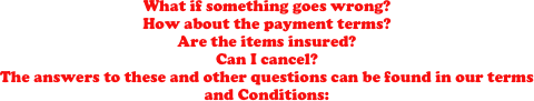 What if something goes wrong? 
How about the payment terms? 
Are the items insured? 
Can I cancel? 
The answers to these and other questions can be found in our terms and Conditions: