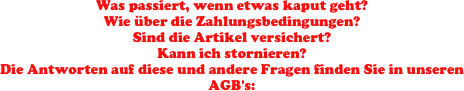 Was passiert, wenn etwas kaput geht? 
Wie über die Zahlungsbedingungen? 
Sind die Artikel versichert? 
Kann ich stornieren? 
Die Antworten auf diese und andere Fragen finden Sie in unseren AGB's:

